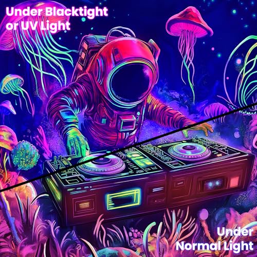 Blacklight Space Astronaut Tapestry UV Reactive Galaxy Planet Glow in Dark Tapestries Black Light Poster Neon Wall Hanging Art for bedroom Living Room