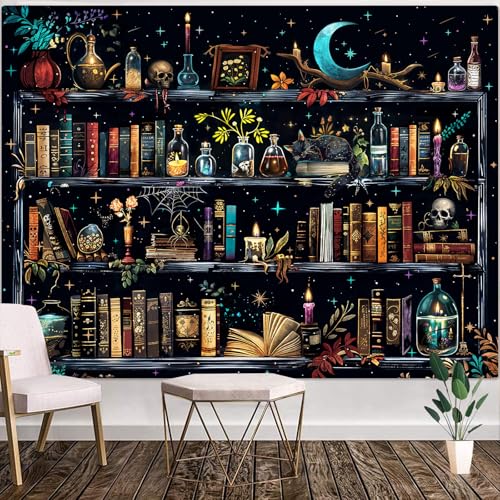 Magic Bookshelf Tapestry Magical Witchy Potion Dark Hippie Haloween Tapestries Wall Hanging Gothic Skull Black Cat Library Book Large Tapestry for Bedroom Living Room Dorm 90 x 68 inch