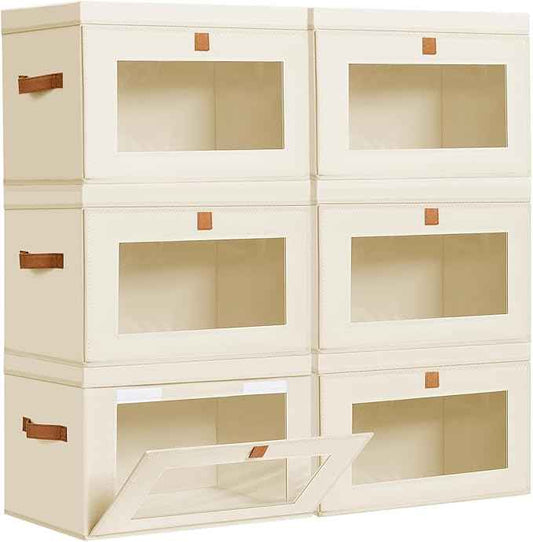 DIMJ Storage Bins with Lids - 6 Pack Large Fabric Closet Organizer with Window & Handles, Collapsible Decorative Storage Boxes for Shelves Under Bed, Books Clothes Blankets Sweaters Organization
