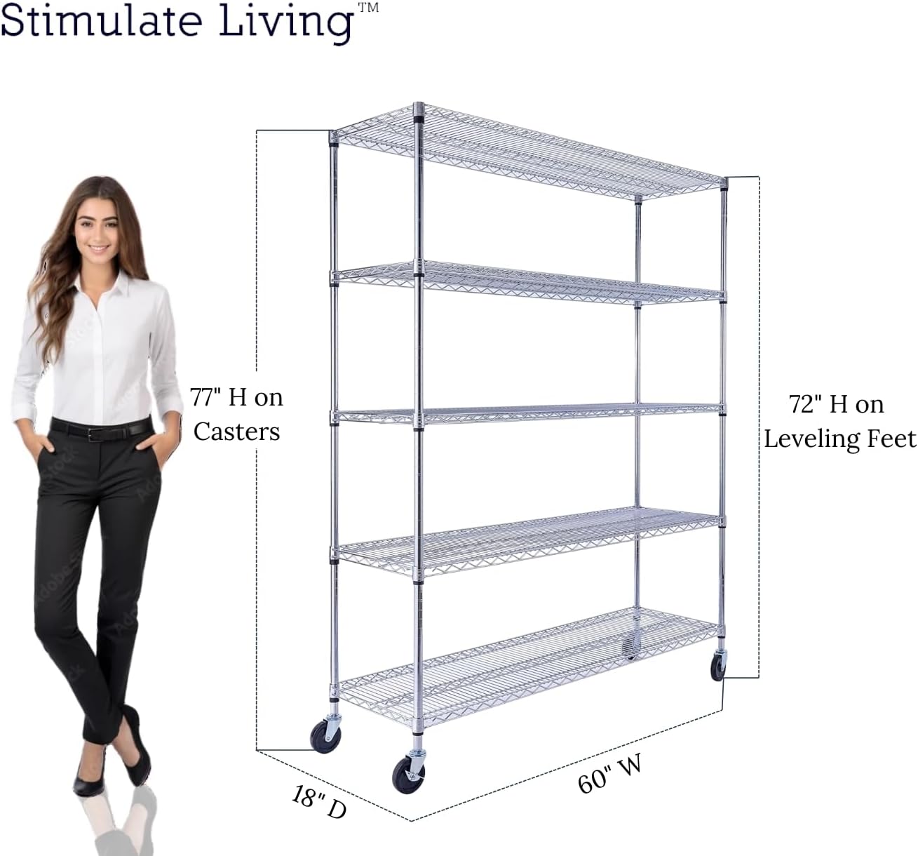 60"x18"x72" PRIME HEAVY DUTY Chrome 5-Tier Wire Shelving 4000 LBS MAX Capacity Storage Rack for Commercial, School, Home, Garage, Warehouse, Industrial, and Hospital Uses (with Wheels) - NestledHome