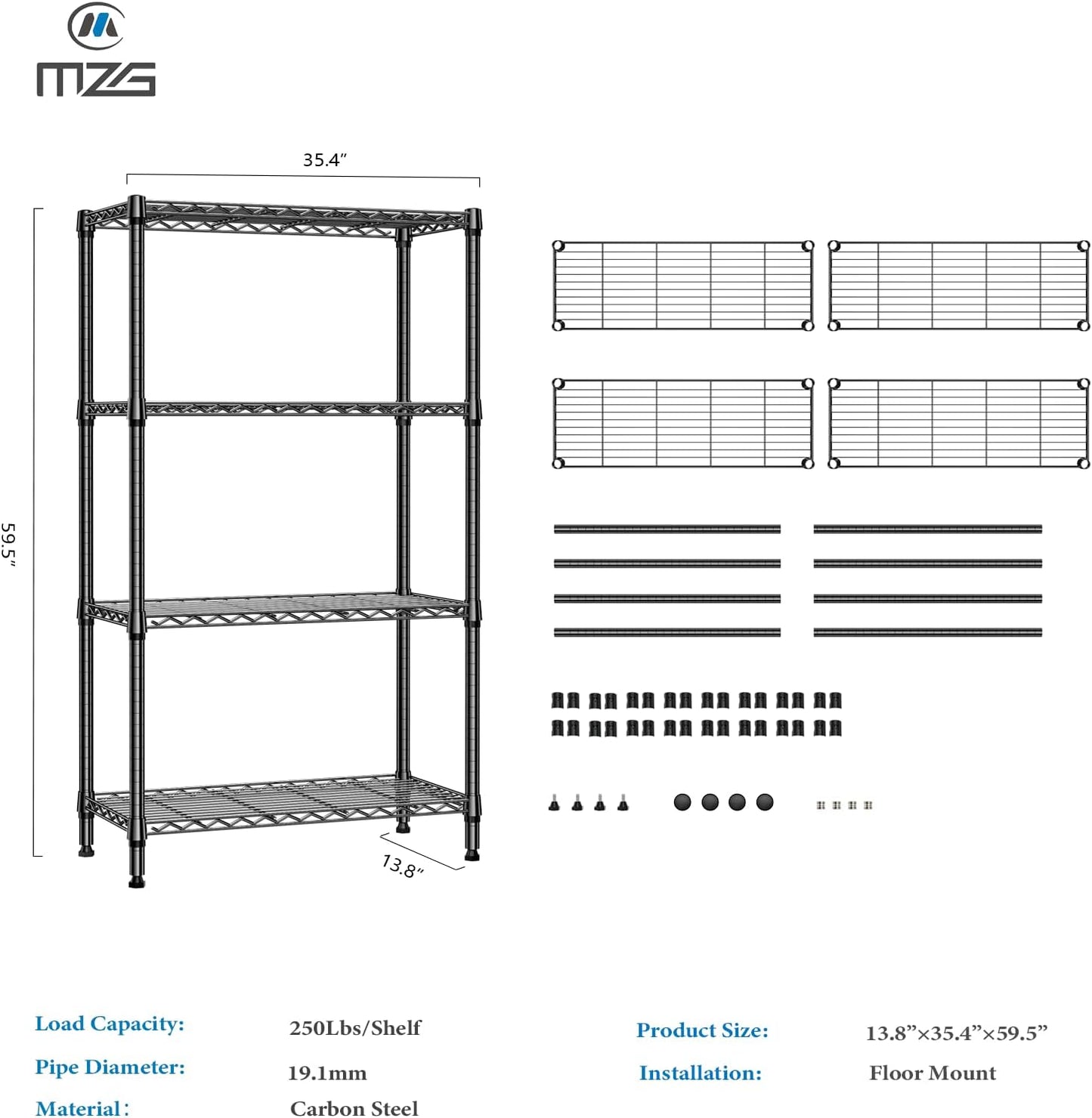 1000 lbs 4 Tier Shelf Metal Storage Shelves Shelving Wire Rack Heavy Duty Closet Organizers for Garage Kitchen Bathroom Laundry Black 13.8" D x 35.4" W x 59.5" H - NestledHome