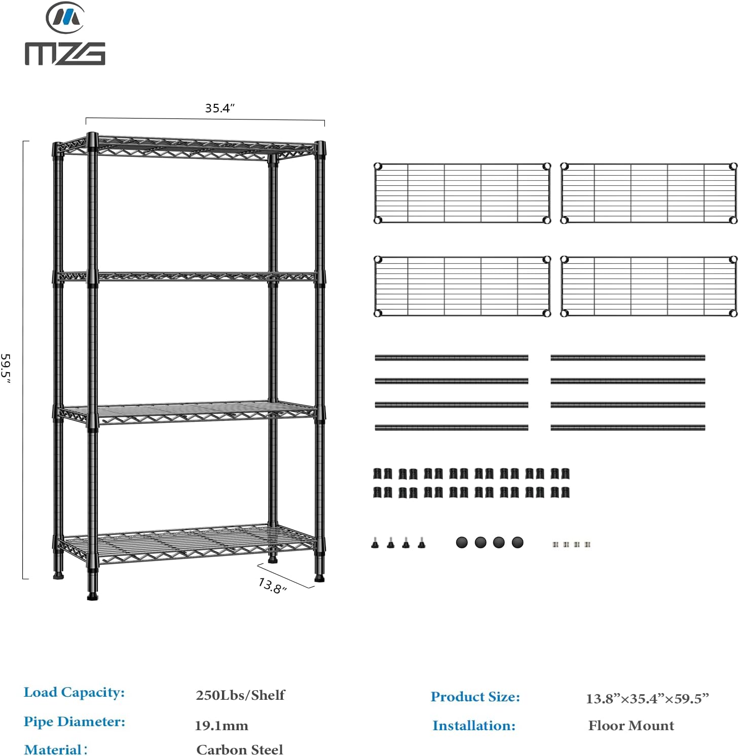 1000 lbs 4 Tier Shelf Metal Storage Shelves Shelving Wire Rack Heavy Duty Closet Organizers for Garage Kitchen Bathroom Laundry Black 13.8" D x 35.4" W x 59.5" H - NestledHome
