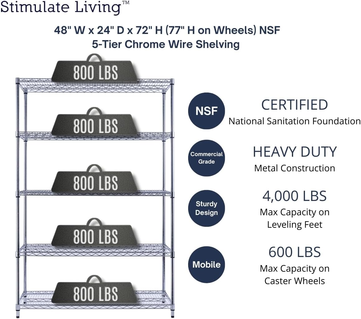 48"x24"x72" Prime Heavy Duty Chrome 5-Tier Steel Wire Shelving NSF 4000 LBS MAX Capacity Storage Rack for Commercial, School, Home, Garage, Warehouse, Industrial, and Hospital Uses (with Wheels) - NestledHome