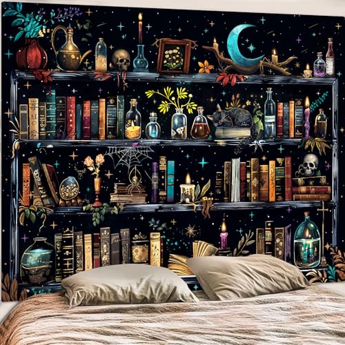 Magic Bookshelf Tapestry Magical Witchy Potion Dark Hippie Haloween Tapestries Wall Hanging Gothic Skull Black Cat Library Book Tapestry for Bedroom Living Room Dorm 80 x 60 inch