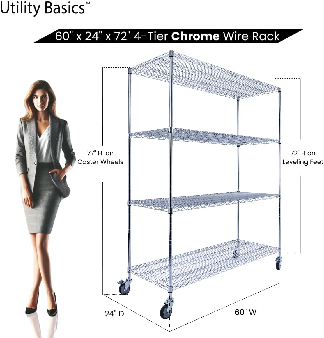 60"x24"x72" PREMIUM METAL STEEL 4-Tier Wire Shelving NSF 3200 LBS MAX Capacity Heavy Duty Storage Rack for Hospitals, Schools, Commercial Spaces, and Garages w/PREMIUM Wheels - NestledHome