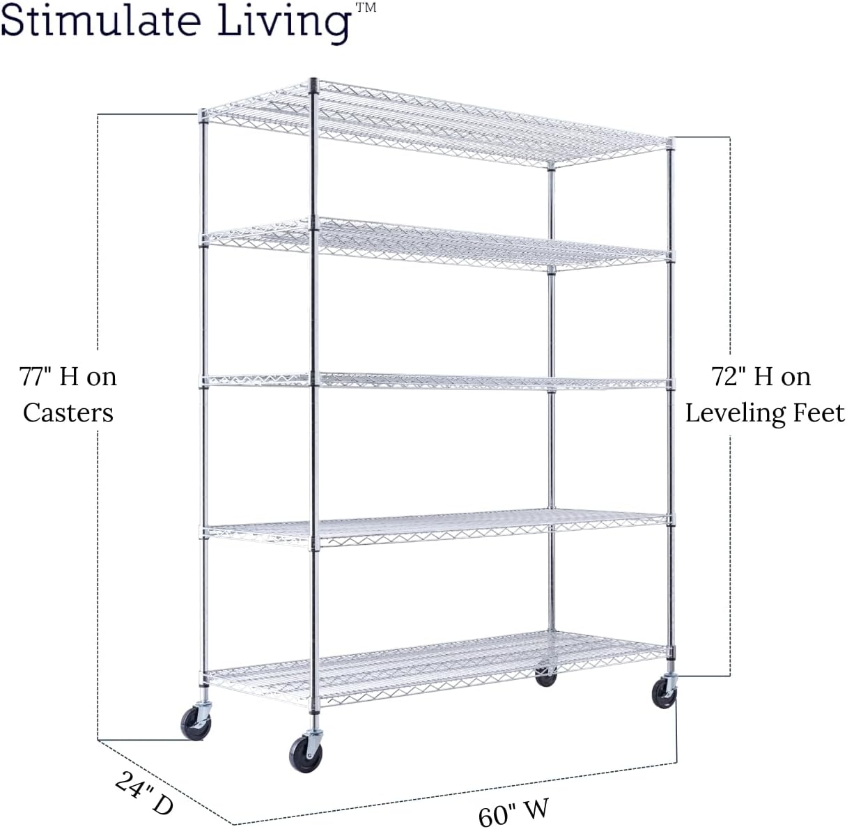 60"x24"x72" PRIME HEAVY DUTY Chrome 5-Tier Wire Shelving NSF 3000 LBS MAX Capacity Storage Rack for Commercial, School, Home, Garage, Warehouse, Industrial, and Hospital Uses (with Wheels) - NestledHome