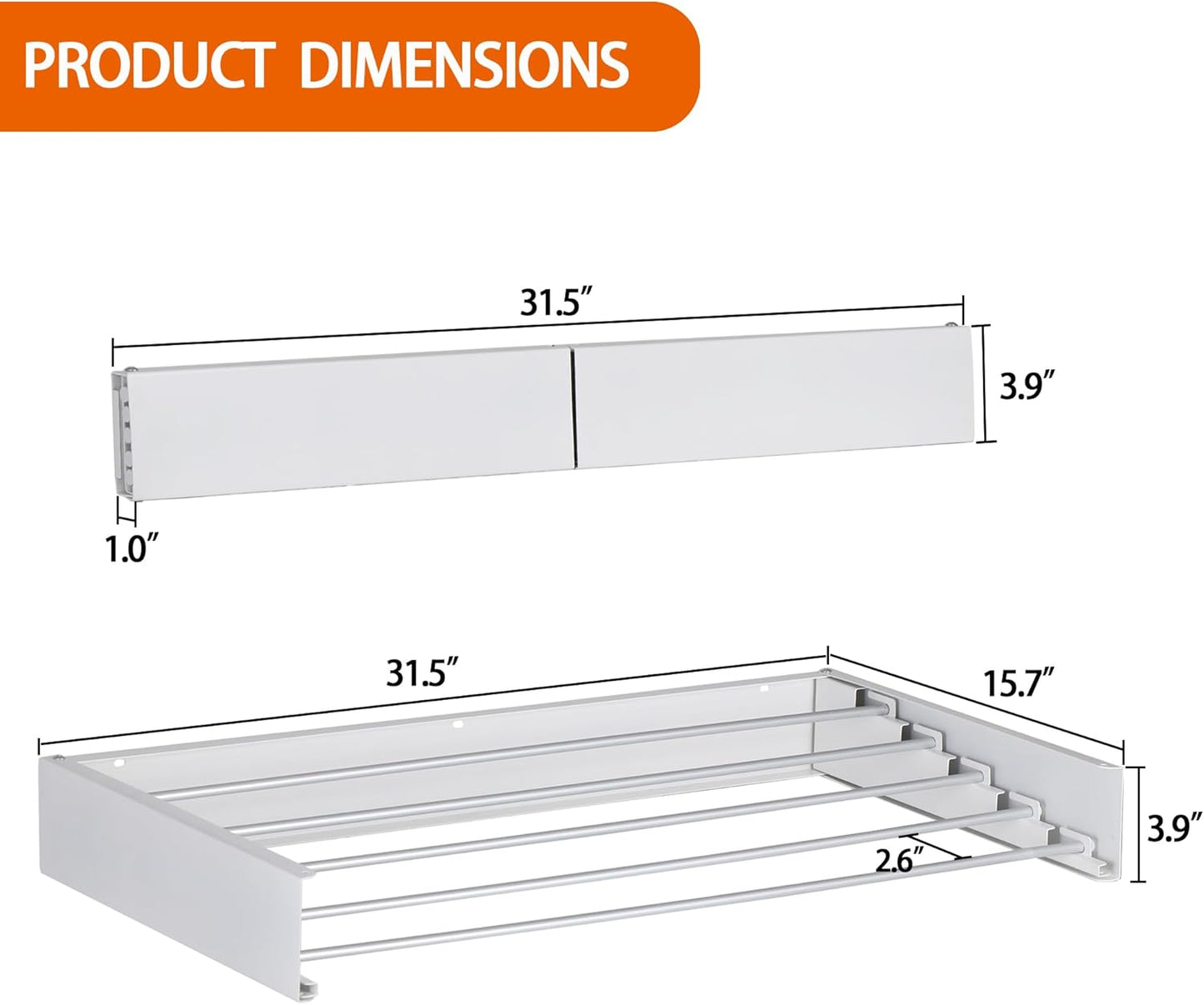 FOCHIER F Laundry Drying Rack Wall Mounted Clothes Drying Rack Collapsible with 5 Aluminum Rods and Drilling Template Long Screwdriver Bit 60 lbs Capacity (White, 31.5") - NestledHome