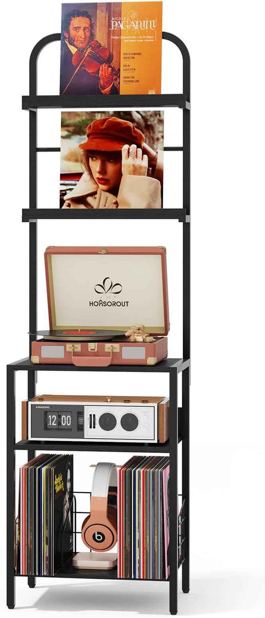 Record Player Stand with Vinyl Storage - 5-Tier Turntable Table with Adjustable Feet, Metal & Wood Cabinet - Console Organizer Display Shelf for Living Room, Apartment
