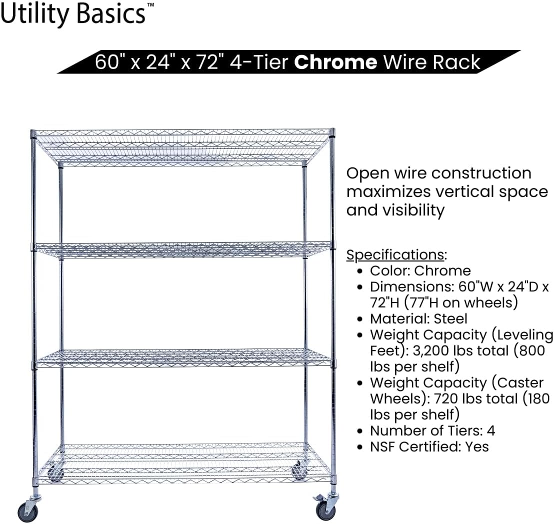 60"x24"x72" PREMIUM METAL STEEL 4-Tier Wire Shelving NSF 3200 LBS MAX Capacity Heavy Duty Storage Rack for Hospitals, Schools, Commercial Spaces, and Garages w/PREMIUM Wheels - NestledHome