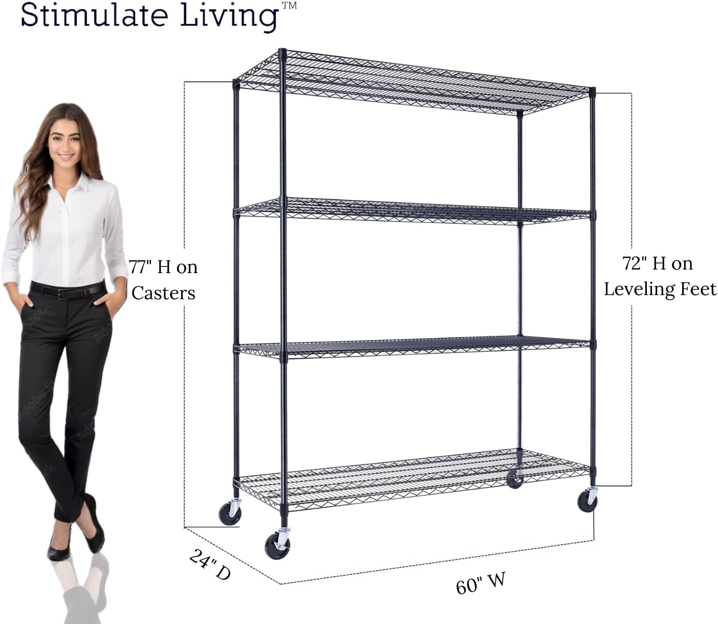 60"x24"x72" PRIME HEAVY DUTY Black 4-Tier Wire Shelving NSF 2400 LBS MAX Capacity Storage Rack for Commercial, School, Home, Garage, Warehouse, Industrial, and Hospital Uses (with Wheels) - NestledHome