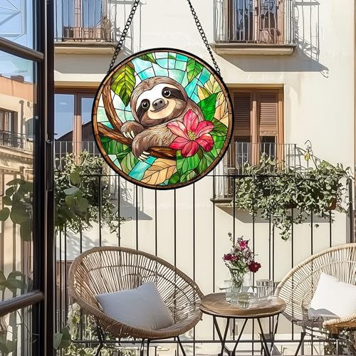 Stained Glass Window Hanging Sloth Flower Suncatcher Gifts for Women 12"