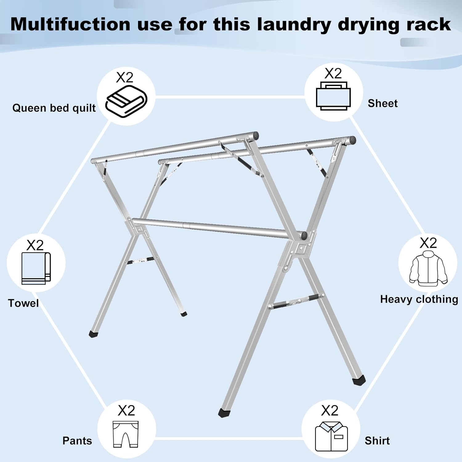 Sillars Clothes Drying Rack, 63 inches Laundry Drying Rack Clothing Foldable & Collapsible Stainless Steel Heavy Duty Clothing Drying Rack with Windproof Hooks for Indoor Outdoor - NestledHome