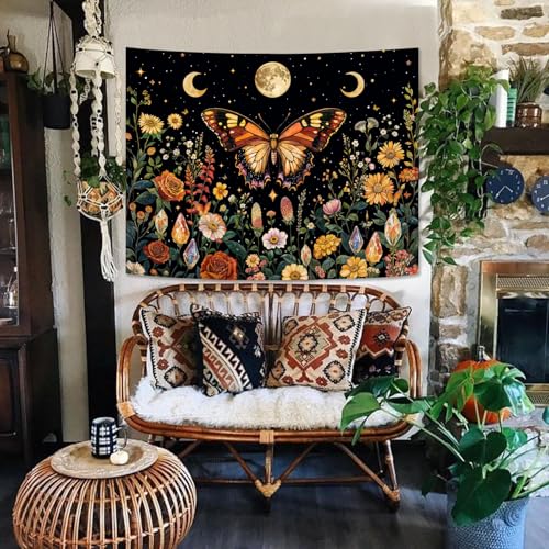 Boho Butterfly Tapestry Flower Moon Wall Tapestry