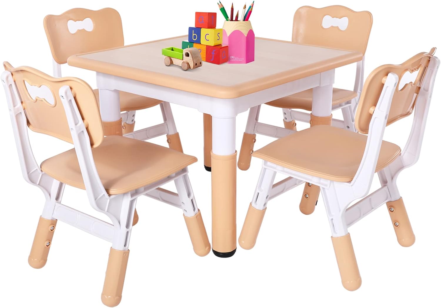 FUNLIO Kids Table and 4 Chairs Set, Height Adjustable Toddler Table and Chair Set for Ages 3-8, Easy to Wipe Arts & Crafts Table, for Classrooms/Daycares/Homes, CPC & CE Approved（5-Piece Set） - NestledHome