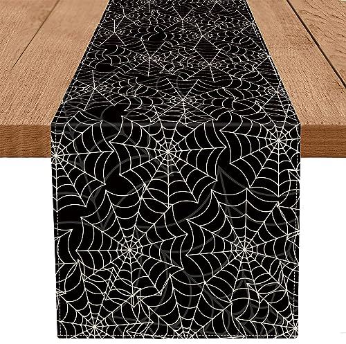Halloween Table Runner Spider Web Black Linen Table Runners for Seasonal Holidays Indoor Outdoor Kitchen Dining Party Home Decor 13 x 36 Inch (3 Sq Ft)