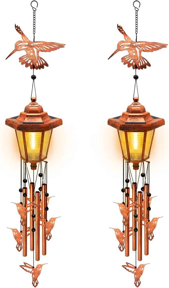 2 Pack Solar Hummingbird Wind Chimes, Gifts for Women Mom Grandma Wife Sister Daughter Neighbor, Classic Bronze Wind Chimes with Wind Catcher, Solar Decor Lights for Outdoor Garden Patio Porch Window