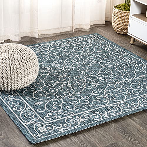 Vintage Filigree Indoor Outdoor Square Area Rug 8X8 Teal