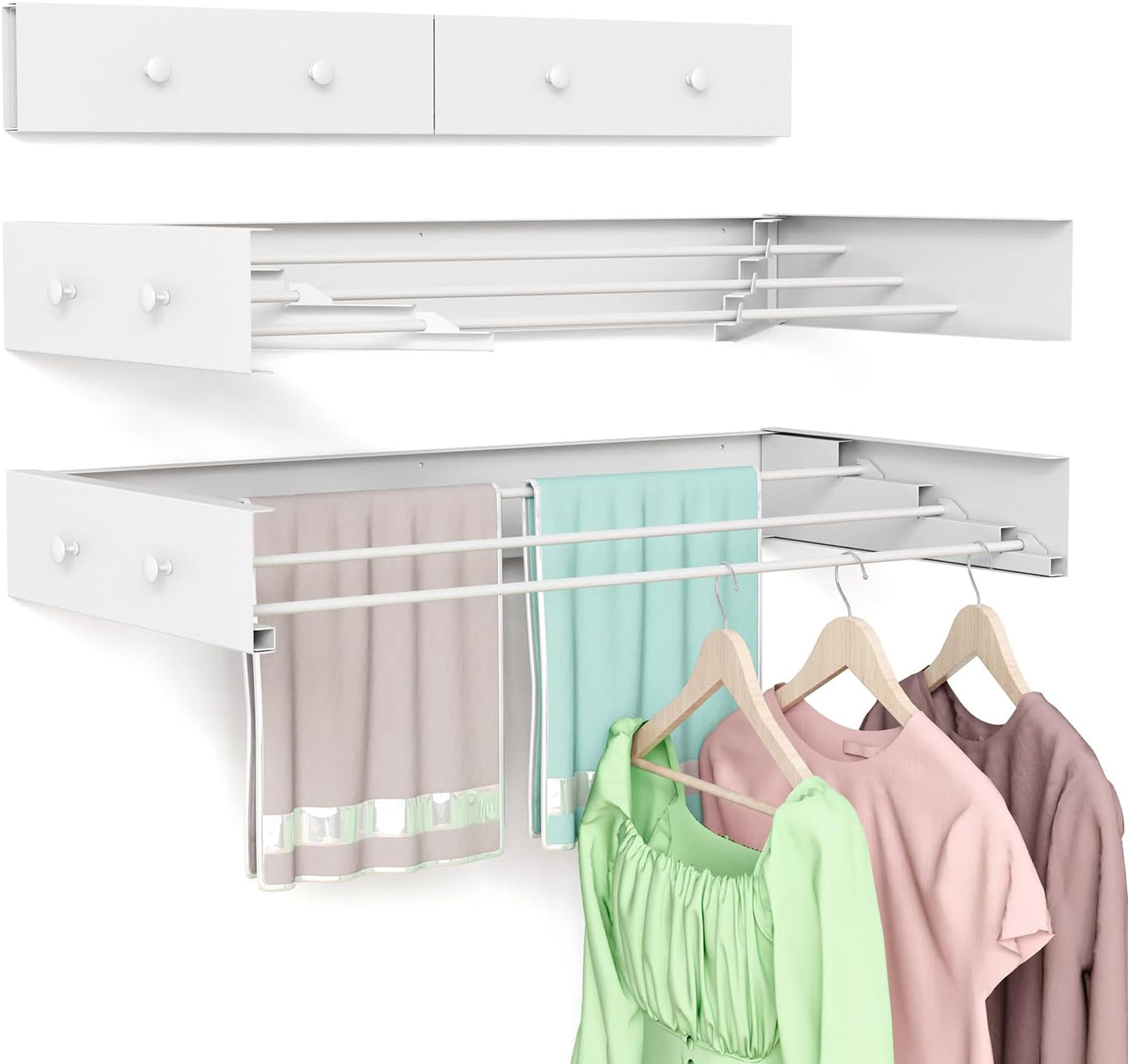 Wall Mounted Drying Rack for Laundry 19.8'', Folding Drying Rack Clothing Wall Mount with 3 Rods and 4 Hooks, Space Saving for Indoor Outdoor Bathroom Balcony (White, 19.8'') - NestledHome