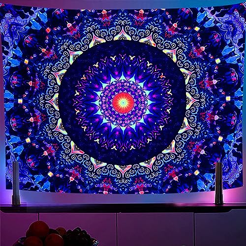 Blacklight Trippy Mandala Tapestry 59"x51" UV Reactive Fantasy Tapestry Aesthetic Wall Decor for Living Room Bedroom Boho Wall Hanging