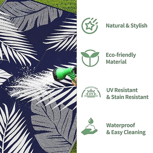 Outdoor Rug Waterproof Plastic Rugs 9'x18' for Camping Blue White