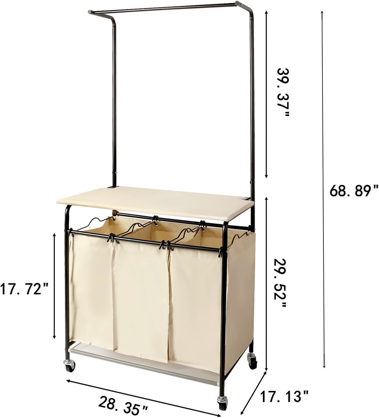 MYOYAY 3 Section Laundry Sorter with Garment Hanging Bar Rack Foldable Ironing Board, Laundry Basket Organizer Heavy Duty Laundry Hamper Rolling Cart with Lockable Wheels and 3 Removable Bags - NestledHome