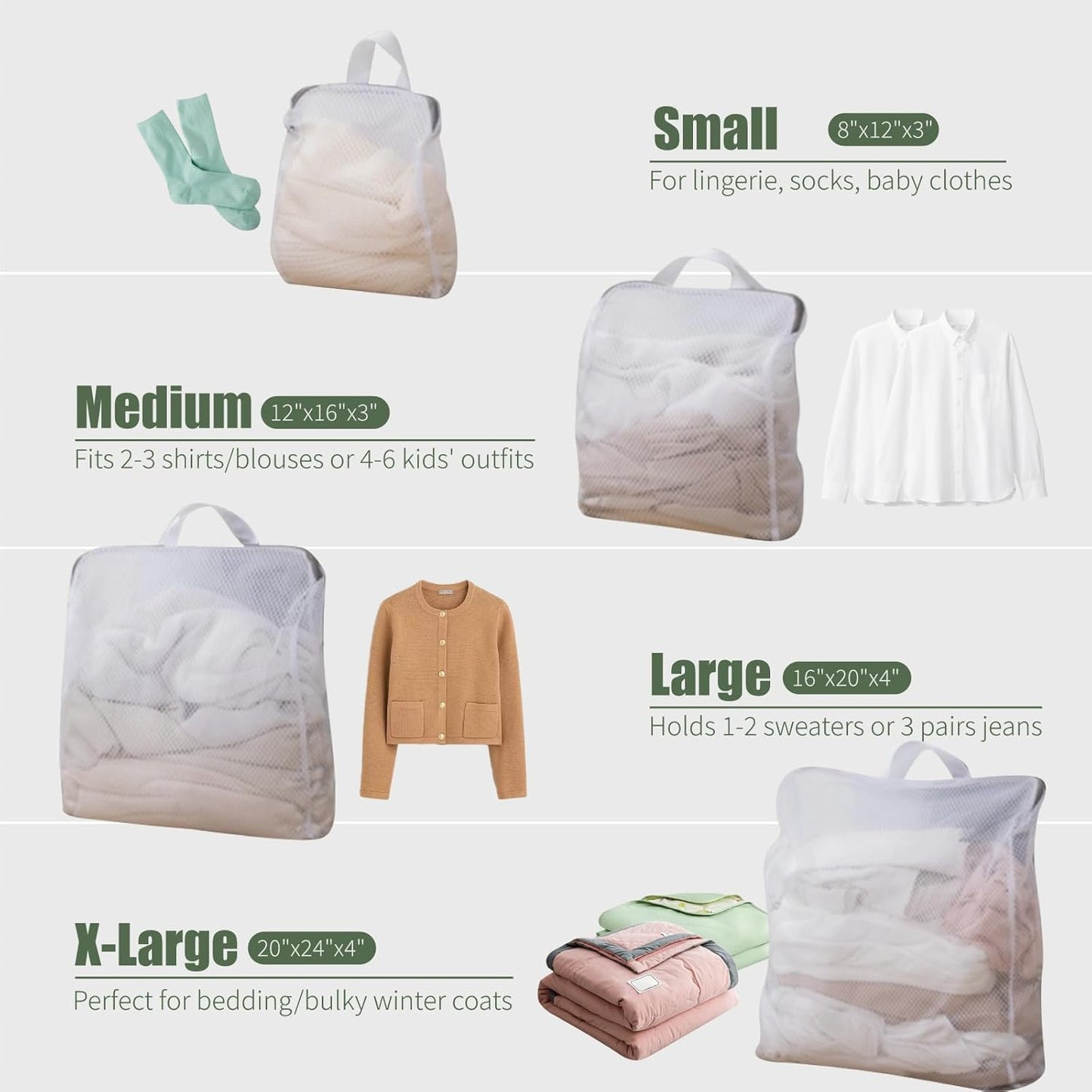 GWT 4Pcs 3D Mesh Laundry Bags with Hanging Handles (S/M/L/XL) - Durable Zippered Wash Bags for Delicates, Shoes & Bulk Clothes - Space-Saving Foldable Design - NestledHome