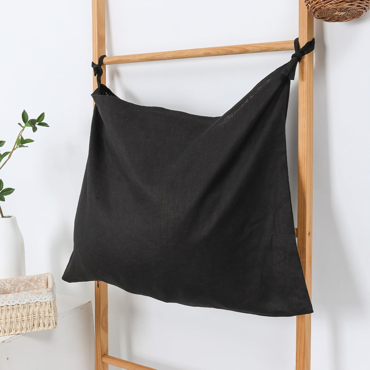Hanging Linen Laundry Bag, 100% Pure Flax Linen Over The Door Hamper with Bottom Zipper for Laundry Room, Household Dirty Cloth Storage Organizer Bag, Black - NestledHome
