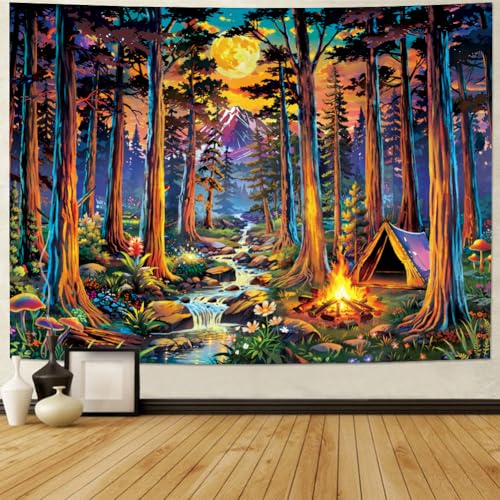 Blacklight Fantasy Forest Tapestry UV Reactive Galaxy Space Moon Tapestry Trippy Pine Trees Wall Tapestries Nature Landscape Mountain River Tapestries Wall Hanging for Bedroom