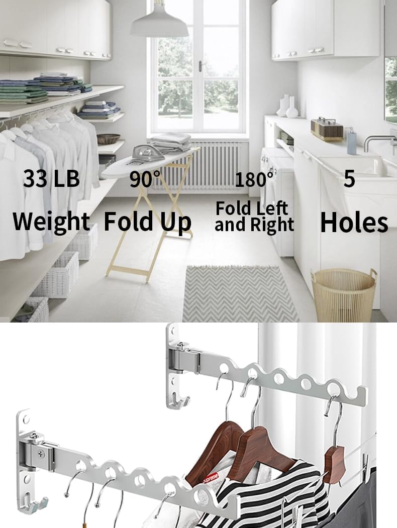 Dr.DJ Wall Hanger for Clothes, Coat Hanger Wall Mounted Silver Retractable Clothes Drying Organizer Rack Garment Hooks Aluminium Folding Indoor Space Save (2 Racks) Silver - NestledHome