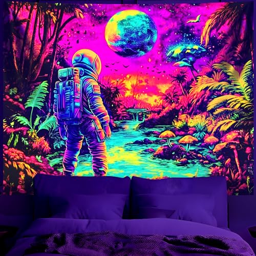 Blacklight Space Astronaut Tapestry UV Reactive Galaxy Planet Glow in Dark Tapestries Black Light Poster Neon Wall Hanging Art for bedroom Living Room