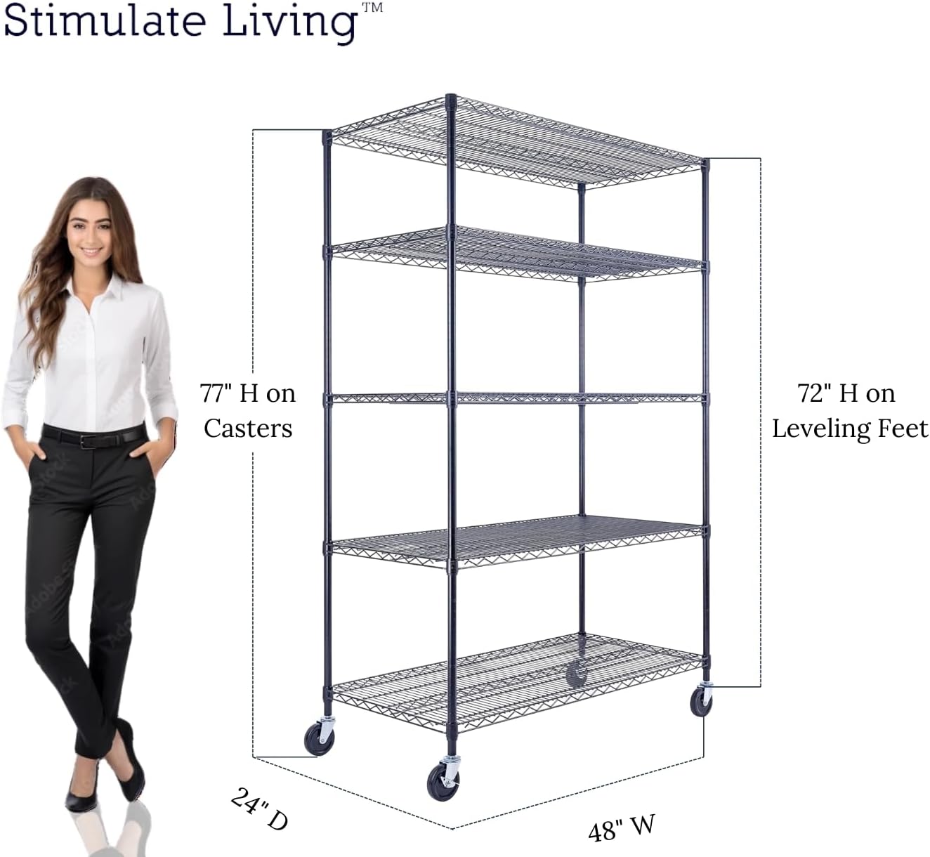 48"x24"x72" Prime Heavy Duty Black 5-Tier Steel Wire Shelving NSF 4000 LBS MAX Capacity Storage Rack for Commercial, School, Home, Garage, Warehouse, Industrial, and Hospital Uses (with Wheels) - NestledHome