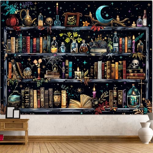 Magic Bookshelf Tapestry Magical Witchy Potion Dark Hippie Haloween Tapestries Wall Hanging Gothic Skull Black Cat Library Book Tapestry for Bedroom Living Room Dorm 80 x 60 inch