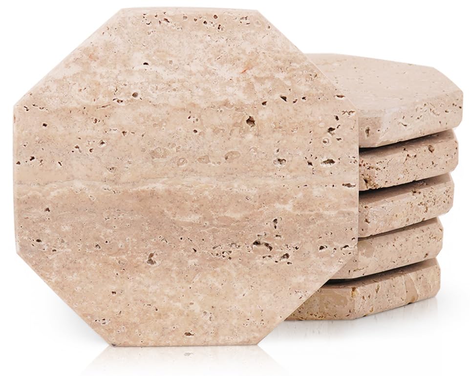 Marble Coasters Set of 6 Travertine Drink Coasters for Table Decor