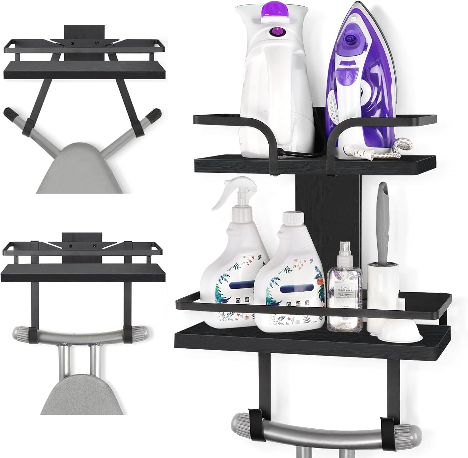 VINAEMO Ironing Board Hanger Wall Mount, 2-Layer Iron and Ironing Board Holder, Laundry Room Shelves Solid Wood with Removable Hooks Home Organization and Storage - NestledHome
