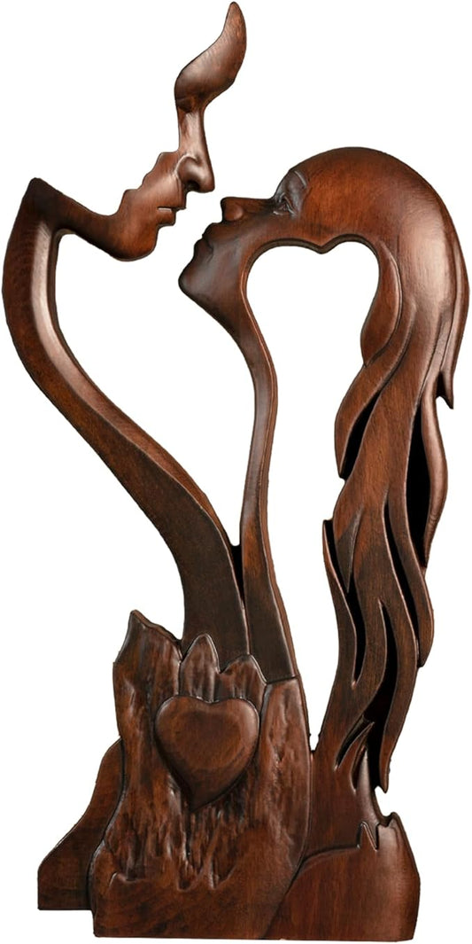 BGCOPPER Wooden Kissing Couple Ornament, Abstract Couple Portrait Sculpture Romantic Love Statue Decor Gift for Women Anniversary Valentine Wedding - 14 Inch