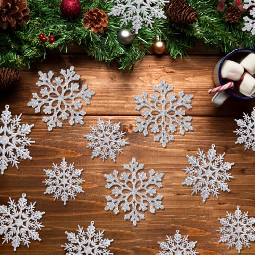 36pcs Christmas Silver Snowflake Ornaments Plastic Glitter Snow Flakes Ornaments for Winter Christmas Tree Decorations Size Varies Craft Snowflakes (36 Count)