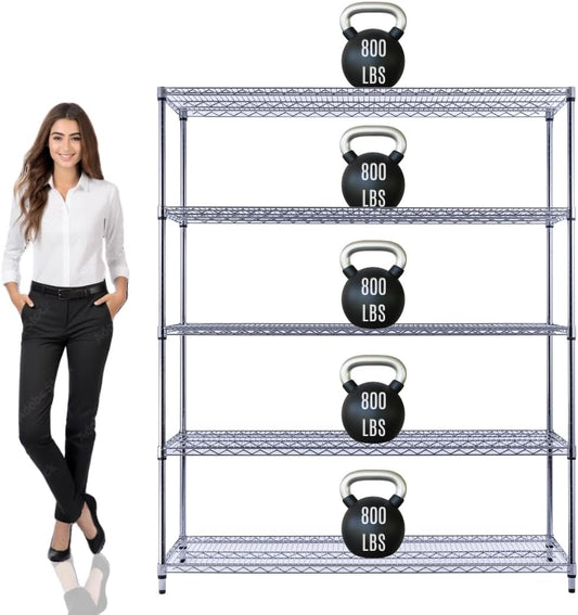 60"x18"x72" PRIME HEAVY DUTY Chrome 5-Tier Wire Shelving 4000 LBS MAX Capacity Storage Rack for Commercial, School, Home, Garage, Warehouse, Industrial, and Hospital Uses (with Wheels) - NestledHome