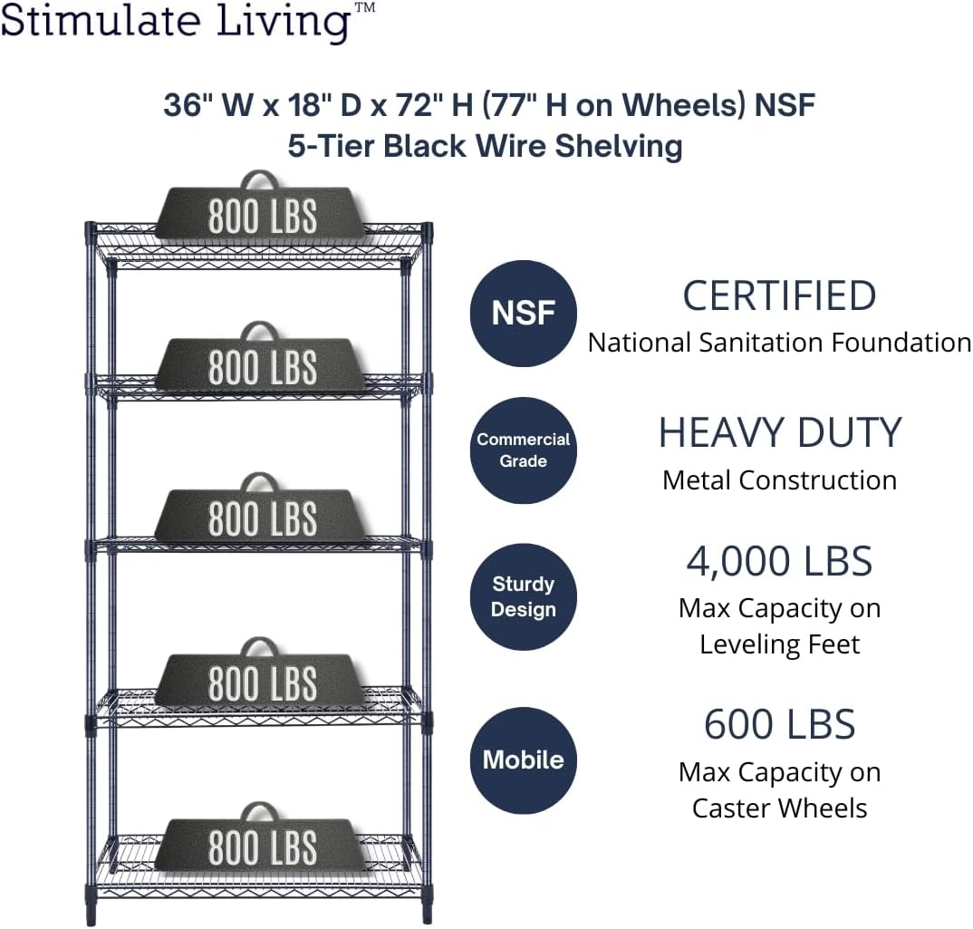 36"x18"x72" Prime Heavy Duty Black 5-Tier Wire Shelving NSF 4000 LBS MAX Capacity Storage Rack for Commercial, Hospital, School, Garage, and Kitchen Uses (with Wheels) - NestledHome