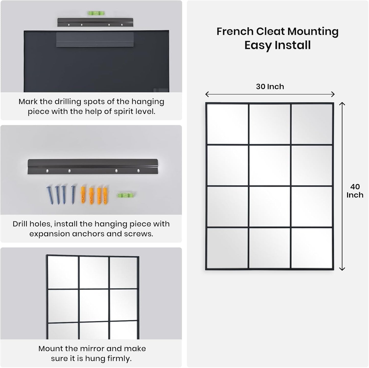 Windowpane Wall Mirror 30"x40" Black Wall Mounted Art Pane Mirror Farmhouse Decorative Mirror Leaning Hanging Wall Mirror for Bedroom Living Room Entryway Hallway Wall Decor