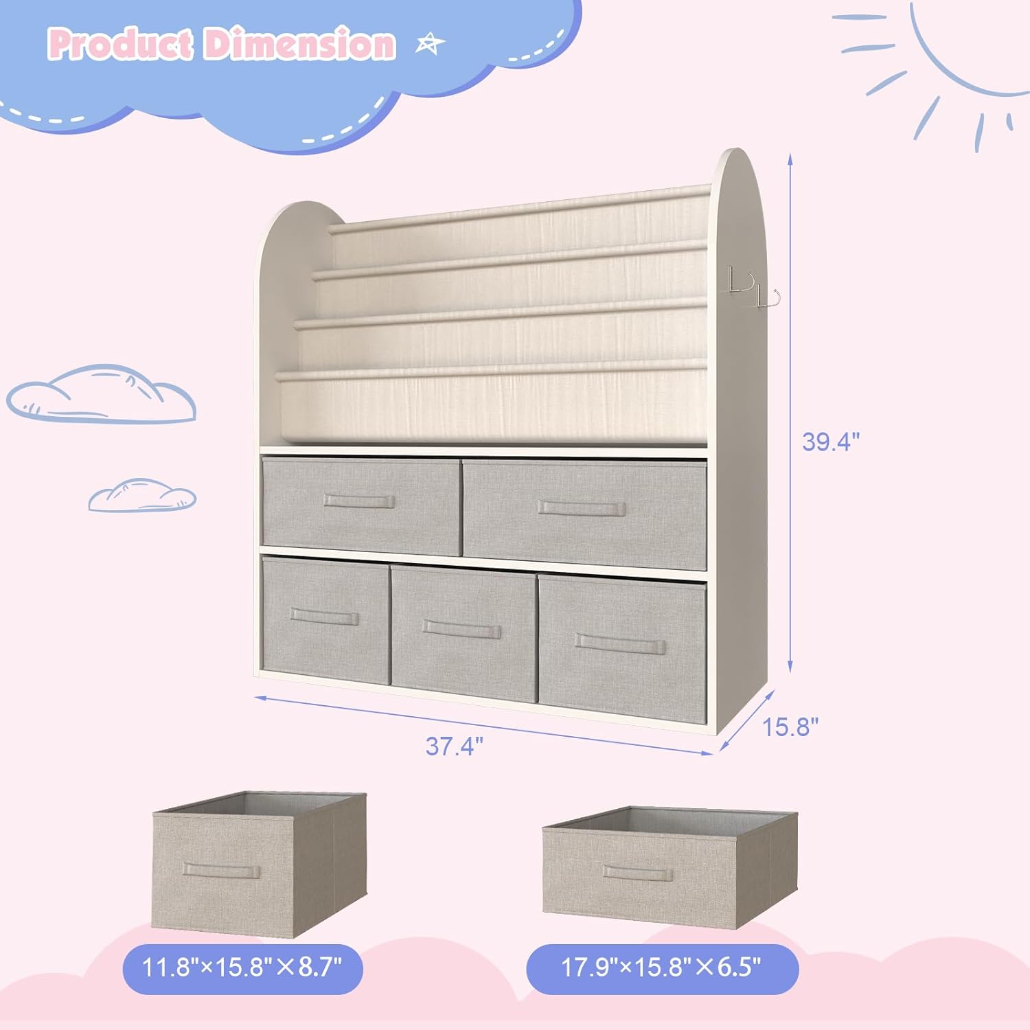 NACHES Kids Bookshelf and Toy Storage Bins, Children Bookcase Toddler Book Display Cabinet with 5 Toy Organizer Boxes for Playroom,Reading Room,Toddler Room,Nursery,Classroom - NestledHome