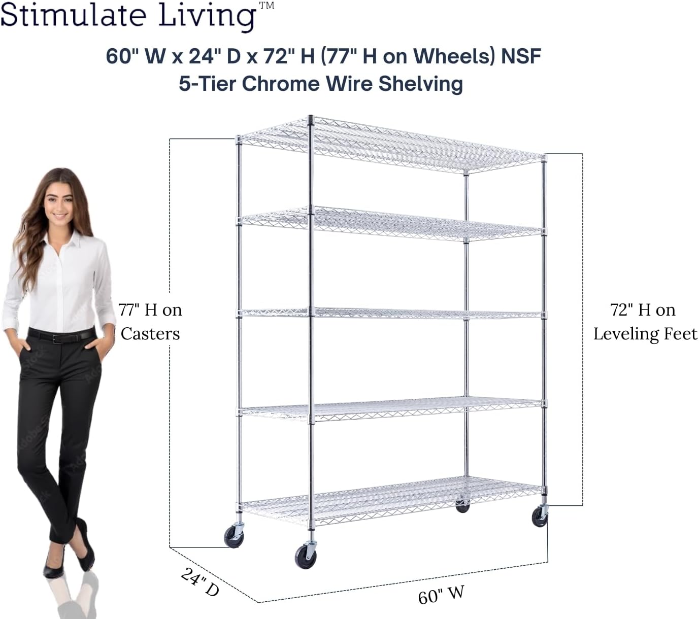 60"x24"x72" PRIME HEAVY DUTY Chrome 5-Tier Wire Shelving NSF 3000 LBS MAX Capacity Storage Rack for Commercial, School, Home, Garage, Warehouse, Industrial, and Hospital Uses (with Wheels) - NestledHome