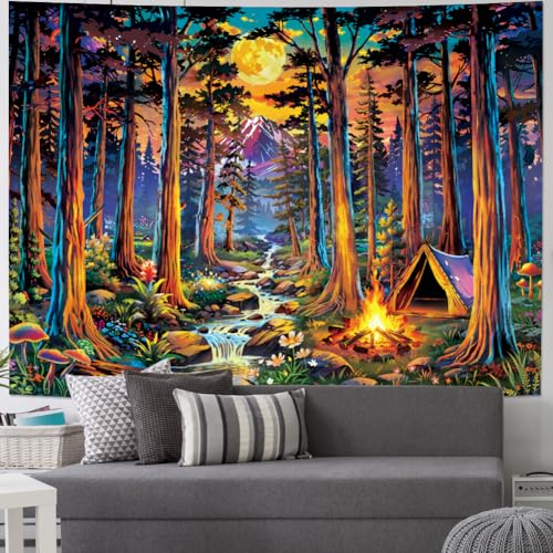 Blacklight Fantasy Forest Tapestry UV Reactive Galaxy Space Moon Tapestry Trippy Pine Trees Wall Tapestries Nature Landscape Mountain River Tapestries Wall Hanging for Bedroom