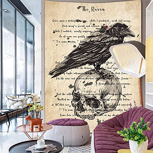 Raven Tapestry Edgar Allan Poe Poem Tapestry Gothic Skull Dictionary Tapestries Wall Hanging Background 60x80 Inches Living Room Bedroom Home Dorm