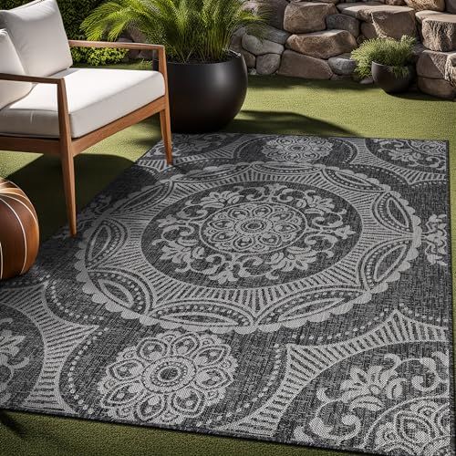 Medallion Outdoor Rug 8x10 Washable Outside Carpet for Indoor Patio Porch Waterproof Easy Cleaning Non Shedding Area Rugs Dark Gray 8 x 10