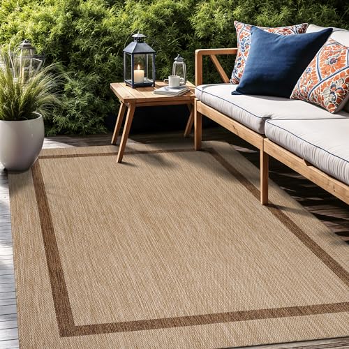 Bordered Outdoor Rug 10x14 Washable Outside Carpet for Indoor Patio Porch Waterproof Easy Cleaning Non Shedding Area Rugs Jute Beige