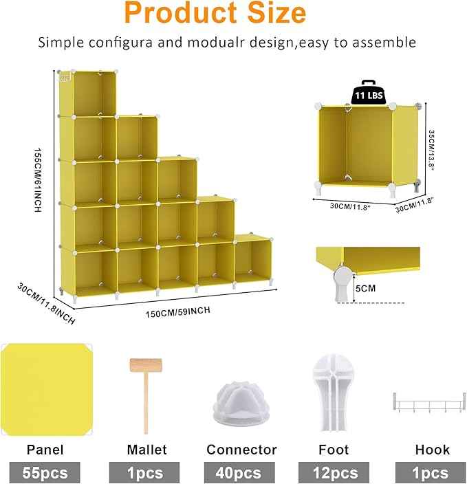 AWTATOS Cube Storage Organizer, Storage Cubes Shelves, 16 Cube Closet Organizers and Storage, DIY Stackable Bookshelf Plastic Clothes Organizer Shelving for Bedroom, Home, Yellow