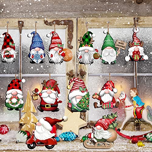 24 Pieces Christmas Gnome Wooden Hanging Ornaments