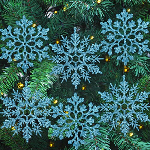 6pcs Large Snowflakes Ornaments Blue 12” Big Plastic Glitter Snowflake for Winter Indoor Outdoor Christmas Tree Window Room Decorations Giant Craft Snowflakes (6 Count)