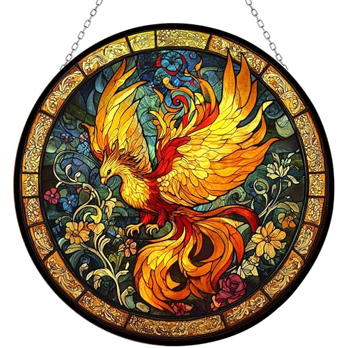 Sacred Phoenix Bird Suncatcher Stained Glass Window Hangings Sun Catchers Colorful Ornament Gifts for Women Mom Wife Halloween Christmas Housewarming 6.3”
