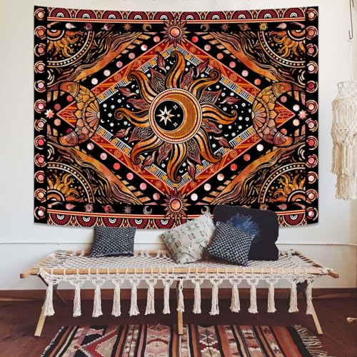 Hippie Sun and Moon Tapestry Bohemian Celestial Tapestry Aesthetic Tapestries for Bedroom and Living Room Decor Sun and Moon 44×60 Inches